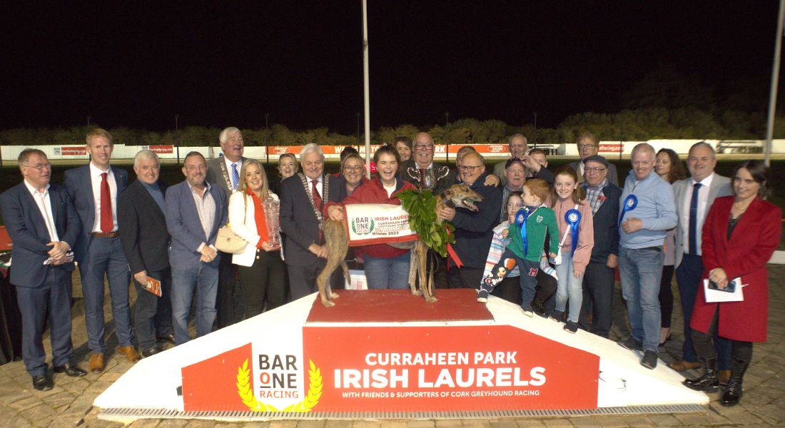 Pictured at the presentation to the winning connections at the 2023 Bar One Racing Irish Laurels Final, in partnership with Friends and Supporters of Cork Greyhound Racing, connections of the winner HIgh Trend including trainer Graham Holland and owner Eugene Buckley of the RTC SYdnicate