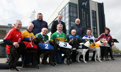Pictured at the launch of the Gain Inter-Track Challenge at IGB Head Offices in Limerick on Tuesday were Pat Reddan (Cork), Ger Garrahy (Limerick & Clare), Ian Maunsell (Gain), Joe Collins (Limerick & Clare), Brendan Maunsell (Kerry), Gerard Dollard (CEO Irish Greyhound Board), Joe Fahy (Thurles), Willie Rigney (Gain), Declan Dowling (representing Waterford) & Brigid Frank (Galway).